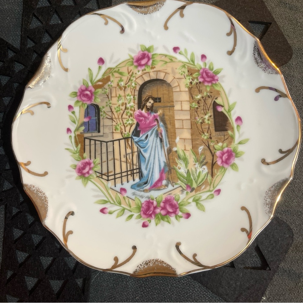 Antique Porcelain Plate with Pink and Gold Design